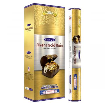 Silver & Gold Rain Incense Sticks, Satya Hex Pack - 6 Boxes x 20 Sticks